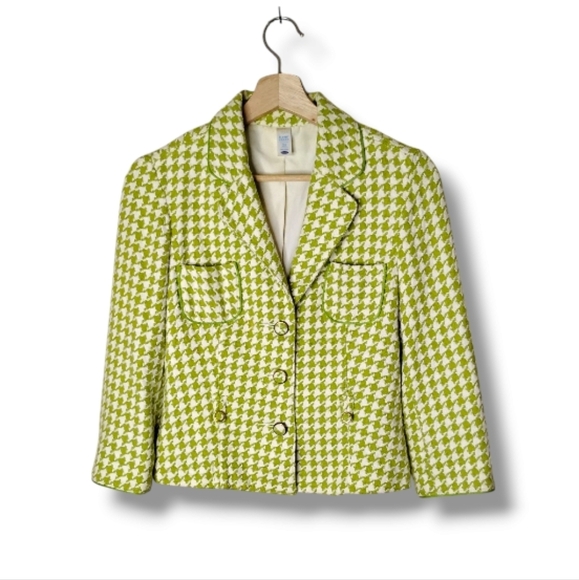 Vintage Y2K Old Navy Houndstooth Blazer XS Green White Lined 3-Button - Picture 1 of 9
